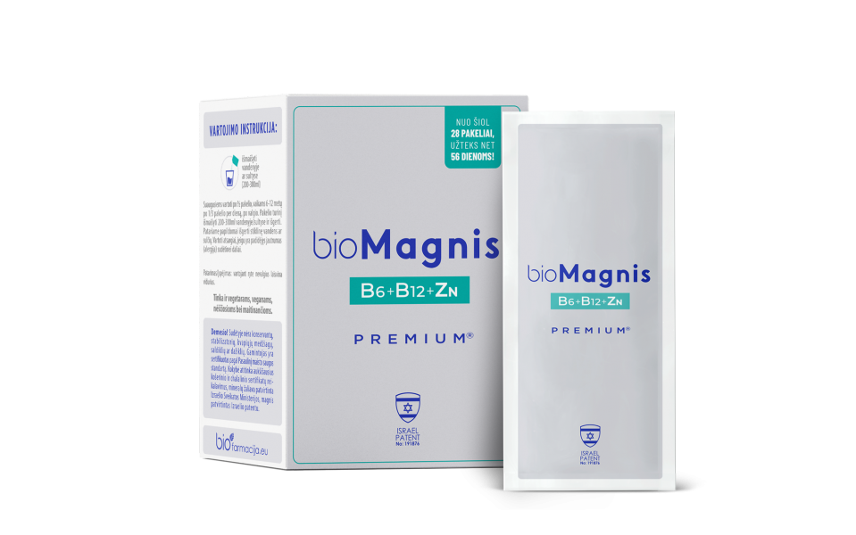 BIOFARMACIJA maisto papildas milteliais BIOMAGNIS PREMIUM + B6, B12 IR CINKAS, 28 pak.