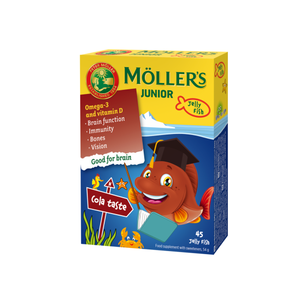 MOLLERS maisto papildas JUNIOR OMEGA-3, kolos skonio, 45 kramtomosios žuvelės