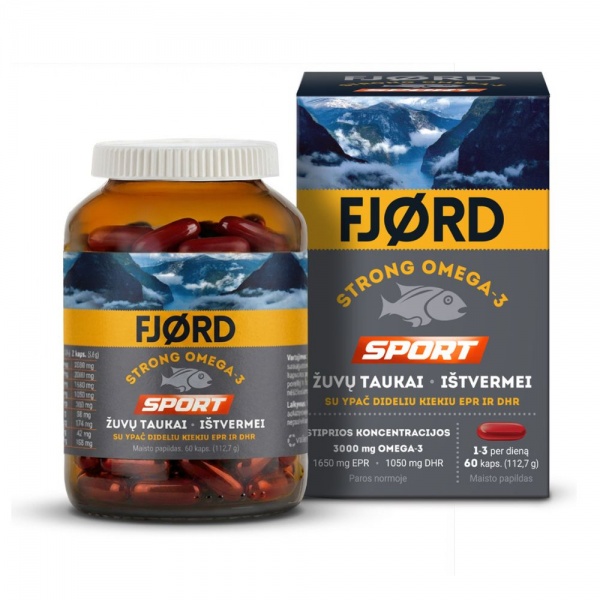 FJORD maisto papildas žuvų taukai STRONG OMEGA-3 SPORT, 60 kaps.